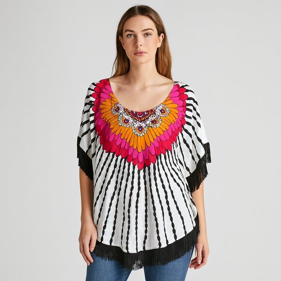 Trina Turk Boho Fringe Feather Tunic Size L Mod Kaftan Festival Beach Cover Up - Picture 1 of 6